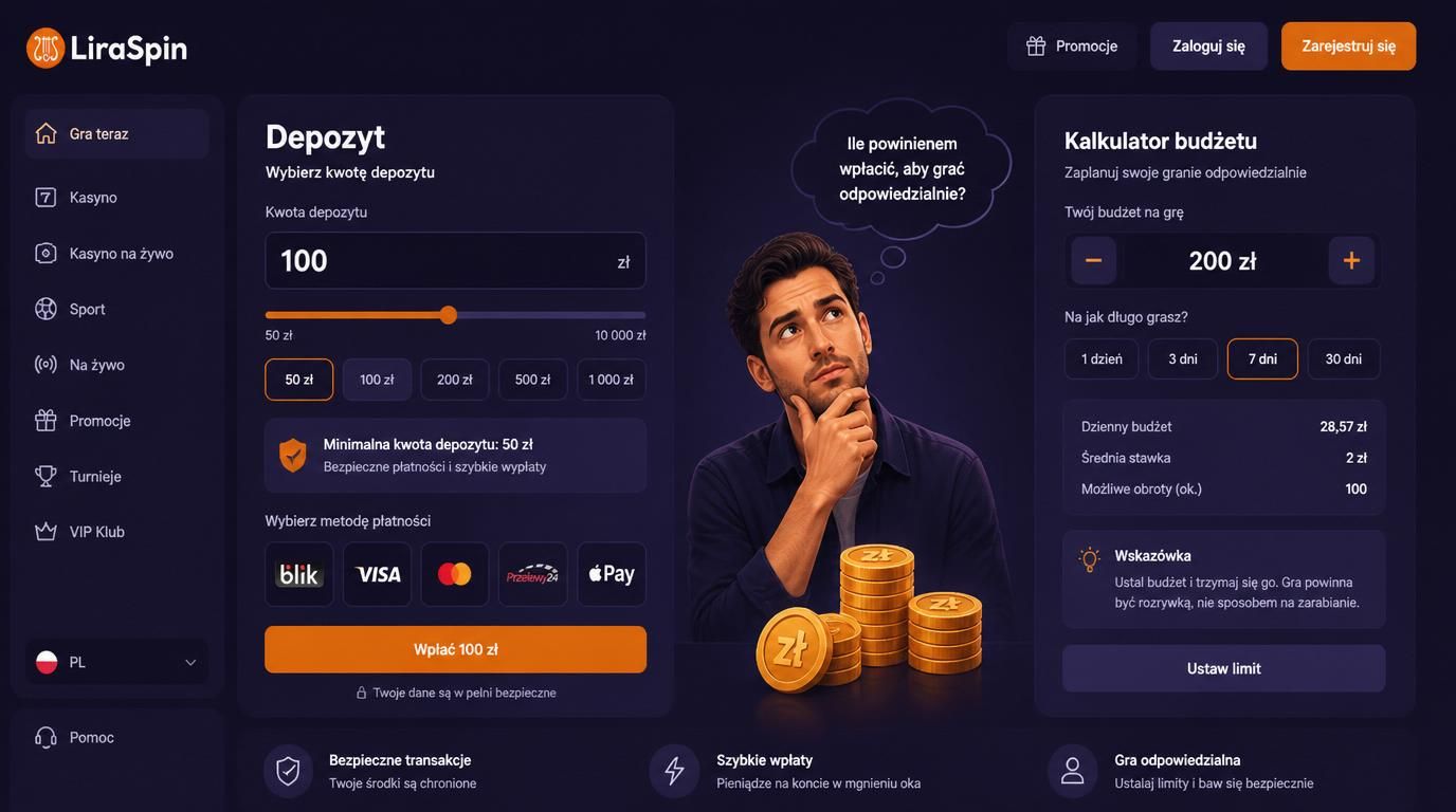 Panel depozytu Liraspin minimalny 50 zł i kalkulator budżetu gracza