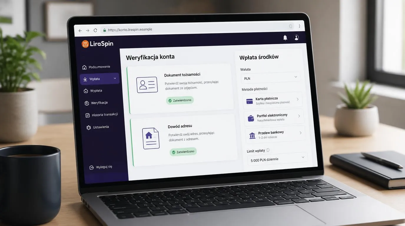 Panel konta z zatwierdzoną tożsamością i adresem oraz ekran wyboru metody wpłaty w PLN