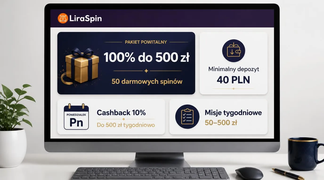 Panel promocji kasyna z bonusem 100% do 500 zł, 50 darmowymi spinami i minimalnym depozytem 40 PLN