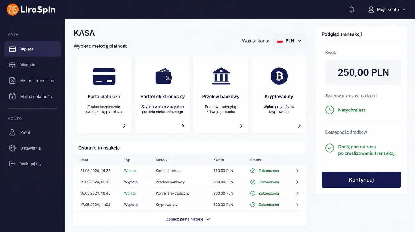 Panel kasjera z wyborem karty, portfela elektronicznego, przelewu i kryptowalut oraz walutą konta PLN