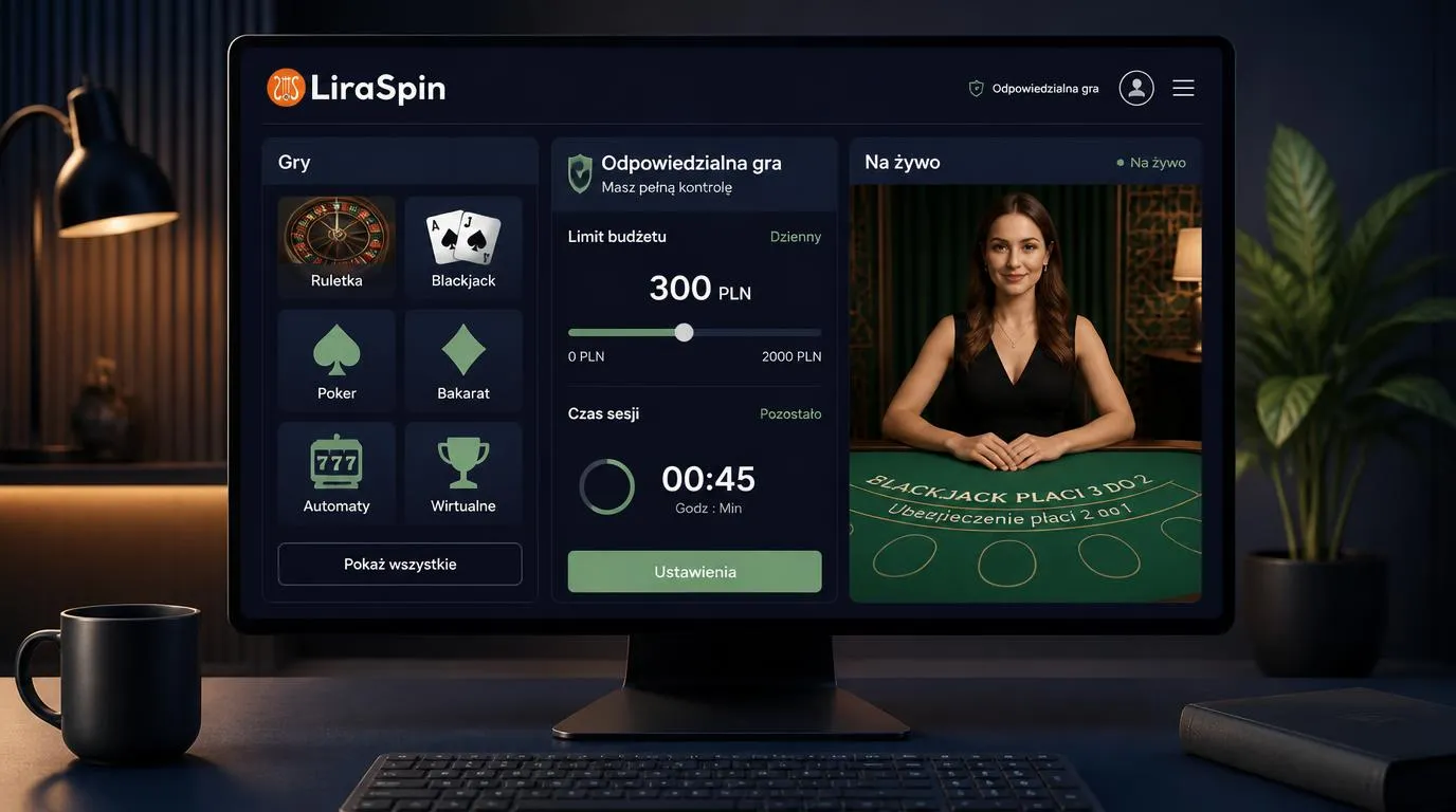 Panel kasyna z wyborem gier, ustawieniami odpowiedzialnej gry i podglądem stołu z krupierem